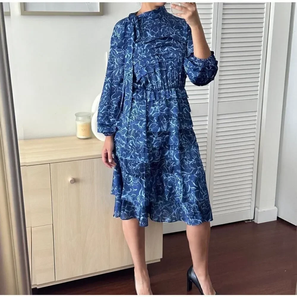Sachin & Babi Dress Womens 2 Brielle Floral Print Tiered Tie Neck Satin Midi